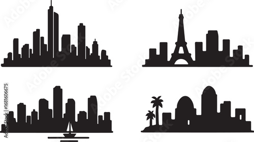 Set of City Skyline Silhouettes Urban Buildings, Towers, Skyscrapers & Cityscapes