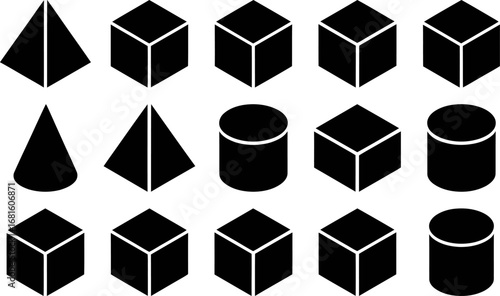 Geometric shapes in a clean, organized pattern, showcasing cubes, pyramids, and cylinders in black silhouette.