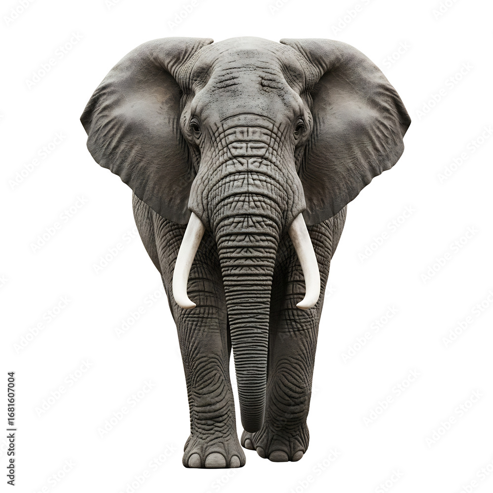 Obraz premium Majestic African elephant, full body frontal view, isolated on white & transparent background. Ideal for wildlife conservation, safari travel, educational materials, Earth Day, zoo marketing,