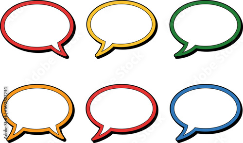 Six colorful empty speech bubbles with thick outlines arranged in two rows for communication design and advertising copy space.