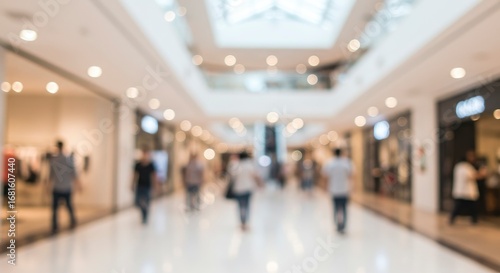 A blurred indoor view of a shopping mall featuring people store fronts and overhead lighting