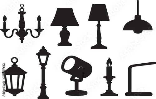 Set of Lighting Silhouettes – Vector Icons Featuring Lamps, Chandeliers, Ceiling Lights, Desk Lamps & Lanterns