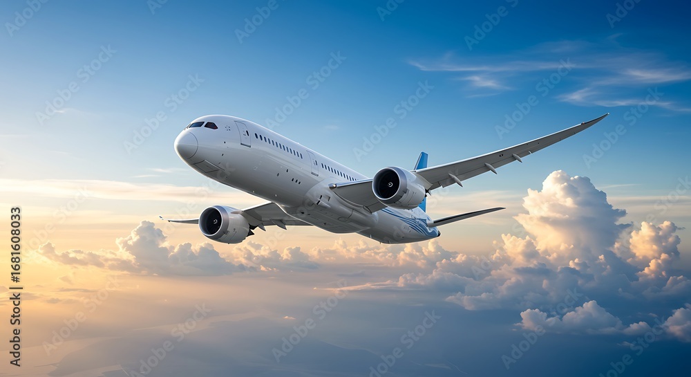 Obraz premium Airplane flying through clouds at sunset.