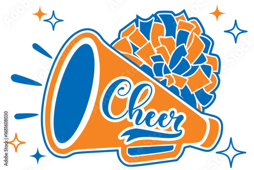 Cheerleader Megaphone and Pom-pom and the word Cheer. Blue and Orange Cheerleading illustration.