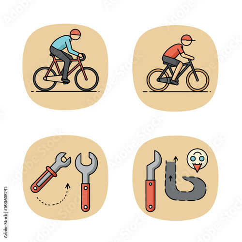 Cycling & Repair Icons of bikers, wrenches, & tube repair on tan backgrounds