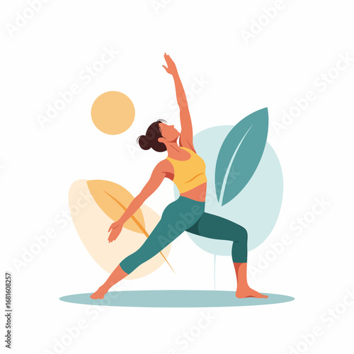 Woman Stretching in a Lunge or Warrior Yoga Pose with Nature Elements.