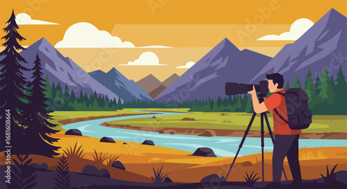 Photographer mountain range, river, trees, and sunset setting, illustration