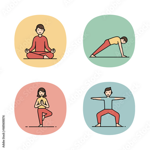 Four stylized yoga poses in colorful circles