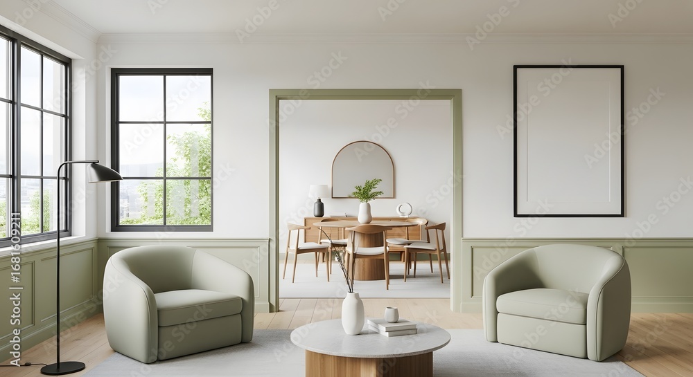 Fototapeta premium Serene living room with modern furniture, natural light streaming through large windows, and a glimpse into a stylish dining area, perfect for interior design inspiration.