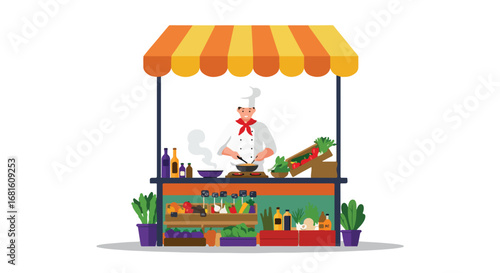 Chef cooks at food stall with produce and striped awning