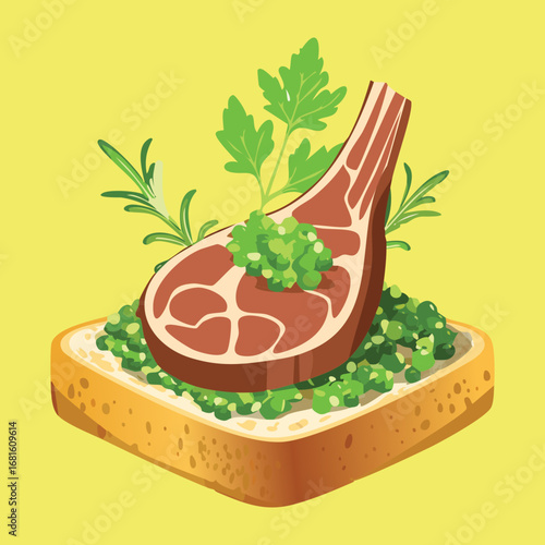 A delicious, perfectly cooked lamb chop served on a slice of toasted bread - Vector Illustration

