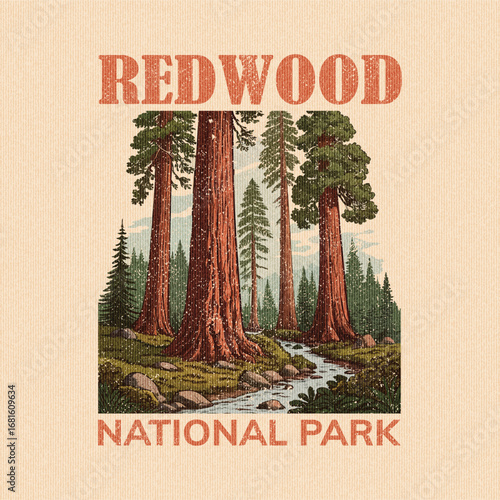 Redwood national park. forest vector badge. . Adventure vintage print design for t shirt and others. National park graphic artwork for sticker, poster, background. , national park vector print design
