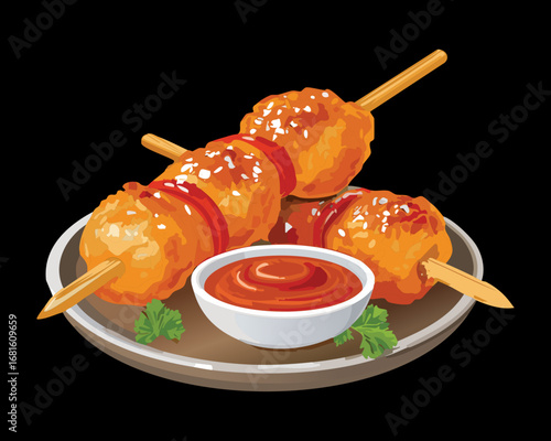 Close-up of two grilled skewers of beef and vegetables with a dipping sauce - Vector Illustration

