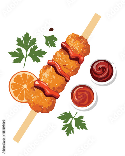 Two savory skewers of fried chicken and vegetables with a dipping sauce - Vector Illustration

