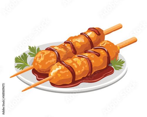 A skewer of chicken and fresh vegetables with a spicy dipping sauce - Vector Illustration

