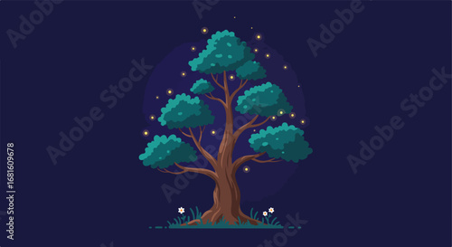Tree with fireflies at night