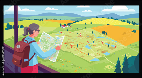 Woman with map overlooks rural landscape