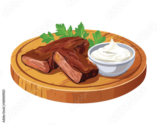 Delicious marinated beef steak cut into slices on a wooden cutting board - Vector Illustration

