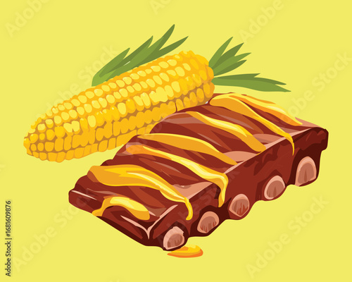 A close-up shot of grilled ribs and a roasted corn cob on a yellow background - Vector Illustration

