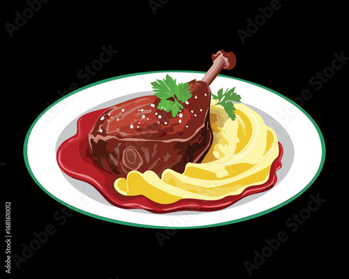 Succulent roasted beef steak with rich sauce and mashed potatoes on a white plate - Vector Illustration

