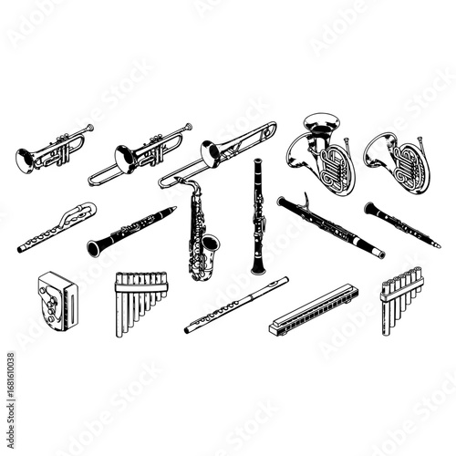 Illustration of musical instruments including trumpet trombone saxophone clarinet flute and french horn collection