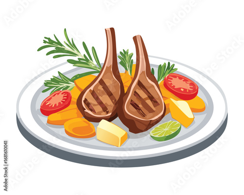 Gourmet dish of grilled lamb rack with colorful vegetables and sauce on a white plate - Vector Illustration

