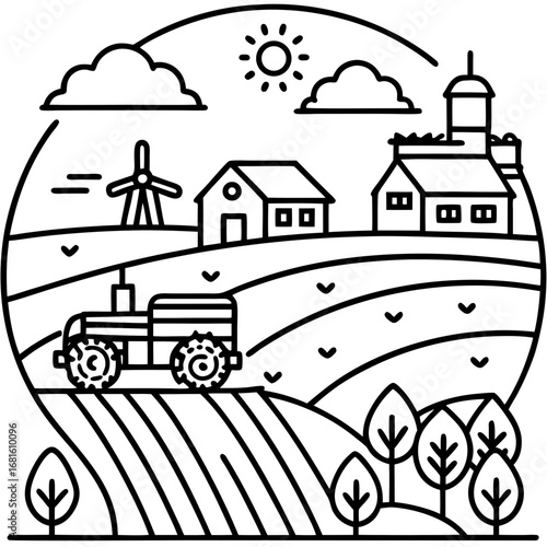 a rural farming scene with rolling green fields, a red barn, windmill, tractors in motion, farmers working with crops and livestock, chickens and cows in the background, clear blue sky with fluffy clo