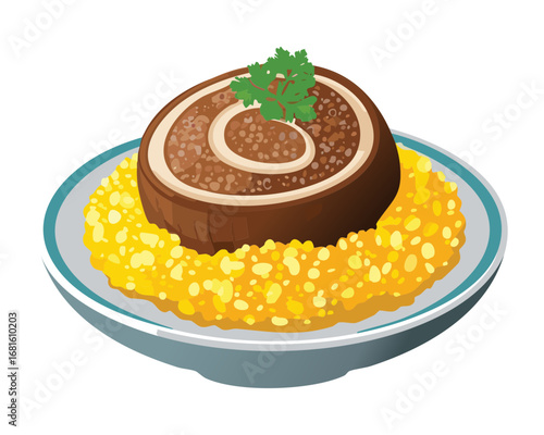 A juicy piece of grilled red meat with rosemary on a bed of seasoned rice - Vector Illustration


