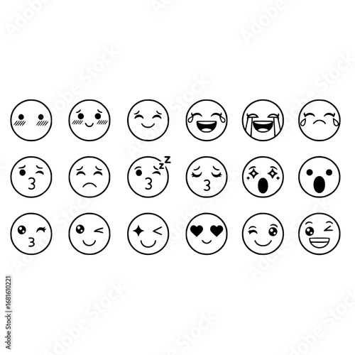 Emoji face expression vector set emoticon doodle kawaii outline funny happy sad love sleep wink surprise 100 char