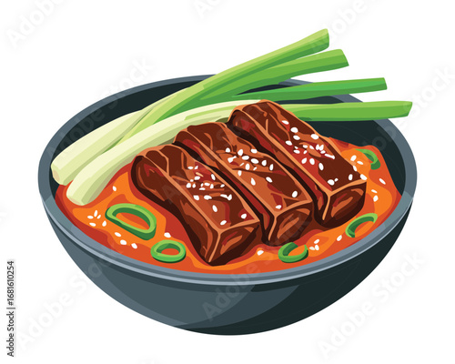 Savory beef stew with tender meat and fresh green onions in a brown sauce - Vector Illustration