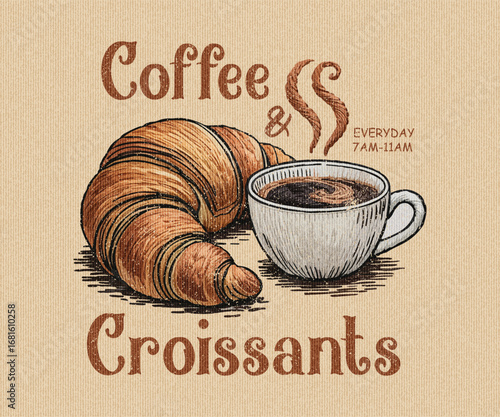 Morning time artwork for apparel t shirt Design. Rise and shine. Breakfast time vector design. sticker, batch, background, poster and others. Breakfast club. Vintage Illustration Of Croissant 