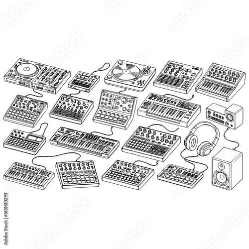 Synthesizer music production studio recording equipment keyboard turntable dj controller mixer audio workstation