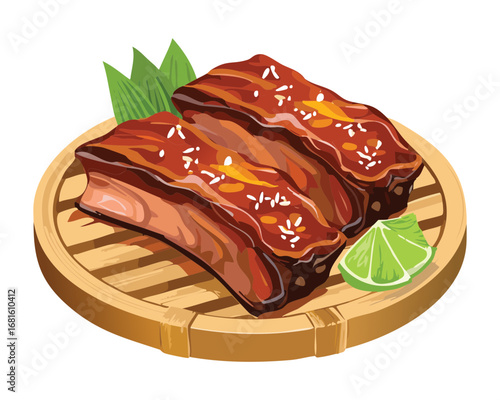 Barbecue ribs glazed with sweet sauce and fresh lime slices - Vector Illustration