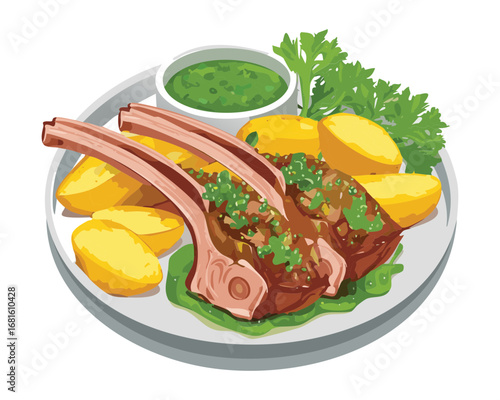 A large plate of grilled lamb loin chops with assorted vegetables and green dipping sauce - Vector Illustration