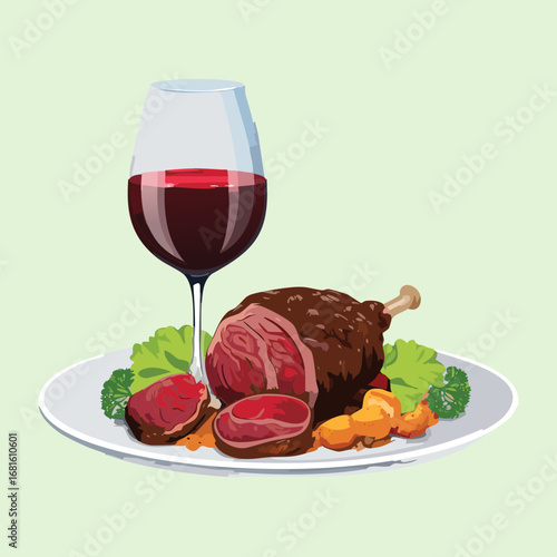 A delicious plate of gourmet grilled beef, paired with a glass of red wine - Vector Illustration