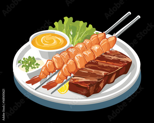 Grilled shrimp skewers with cocktail sauce and fresh greens, a classic seafood appetizer on a plate - Vector Illustration