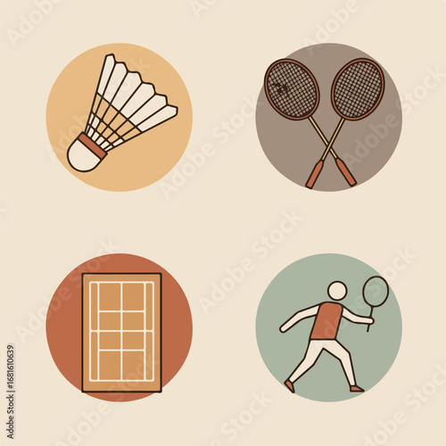 Badminton. Icons of shuttlecock, rackets, court, player in circular designs