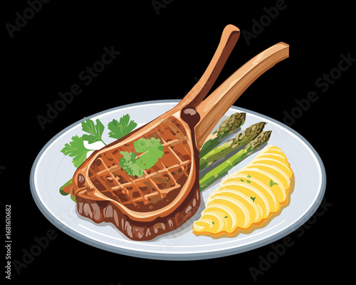 Delicious lamb chops on a plate with roasted asparagus and potatoes, a hearty gourmet meal - Vector Illustration