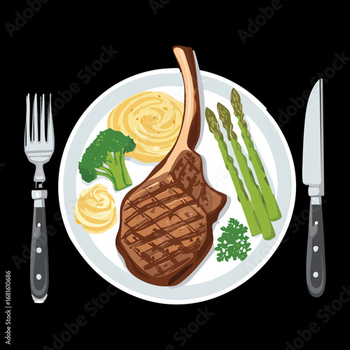 Gourmet lamb chops on a plate with fresh green asparagus, served with mint sauce and vegetables - Vector Illustration