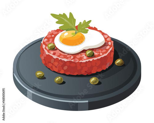 Fresh steak tartare with raw egg yolk and capers, a classic gourmet dish on a gray plate - Vector Illustration