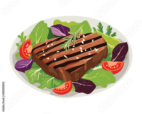 A gourmet grilled steak on a plate with fresh mixed greens and cherry tomatoes, healthy and nutritious - Vector Illustration
