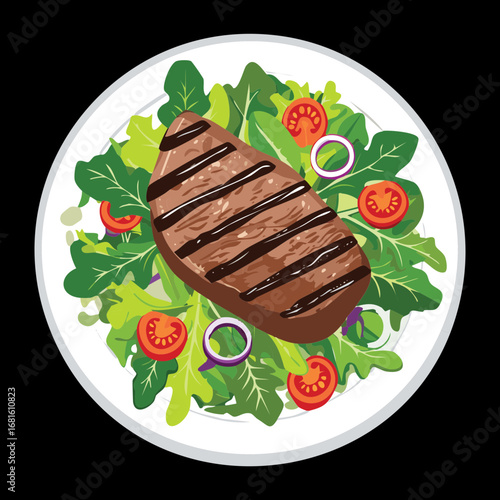Delicious grilled steak on a bed of fresh mixed greens and cherry tomatoes, a healthy dinner - Vector Illustration