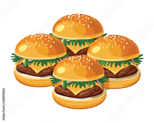 A collection of tasty cheeseburgers with beef patties, melted cheese, fresh lettuce - Vector Illustration