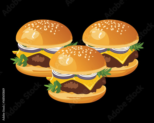 Three juicy cheeseburgers with melted cheese, fresh lettuce, and tomatoes on a sesame seed bun, a classic meal - Vector Illustration