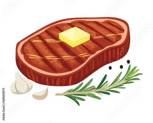 Mouthwatering grilled ribeye steak with a melted pat of butter and a sprig of fresh rosemary and peppercorns - Vector Illustration