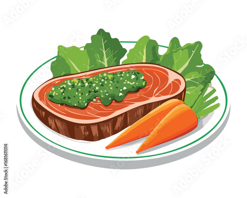 Seared salmon fillet with fresh green herbs and a side of steamed carrots, a light and healthy dinner - Vector Illustration