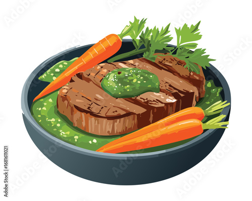 Tender grilled steak with a side of steamed carrots and broccoli, drizzled with a rich gravy, a healthy meal - Vector Illustration