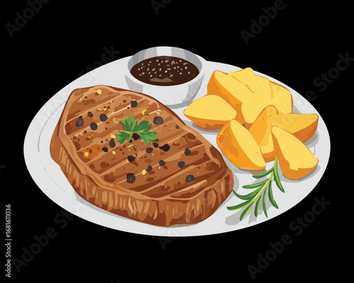Delicious grilled steak with golden French fries and a side of a savory sauce, a perfect classic dinner - Vector Illustration