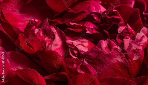 Deep crimson peony petals, close-up view, showcasing intricate textures and rich color.