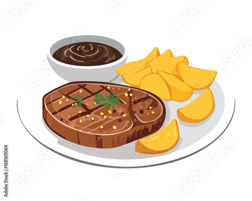 Perfectly grilled steak served with golden potato wedges and a rich, dark sauce for a complete and satisfying meal - Vector Illustration